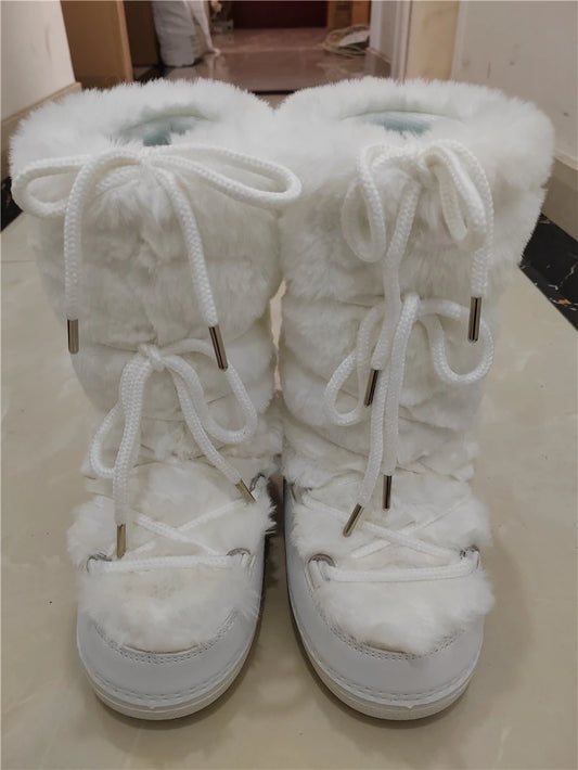 Elegant Faux Fox Fur Winter Boots for Women - Stylish and Warm Outdoor Ski Footwear for 2024