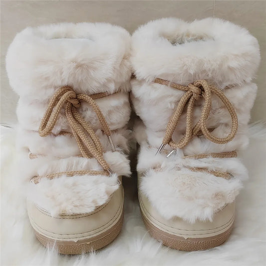 Elegant Faux Fox Fur Winter Boots for Women - Stylish and Warm Outdoor Ski Footwear for 2024
